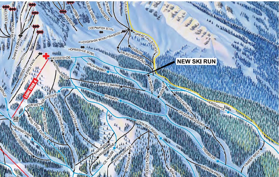 Screenshot of a ski trail map pointing out a new run